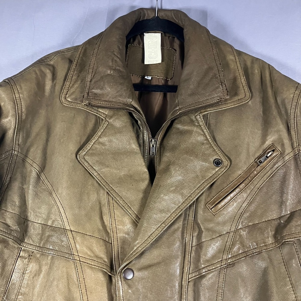 Unbranded Genuine Leather Jacket Men's Large‎ Brown Beige Vintage Bomber Style - Picture 2 of 16